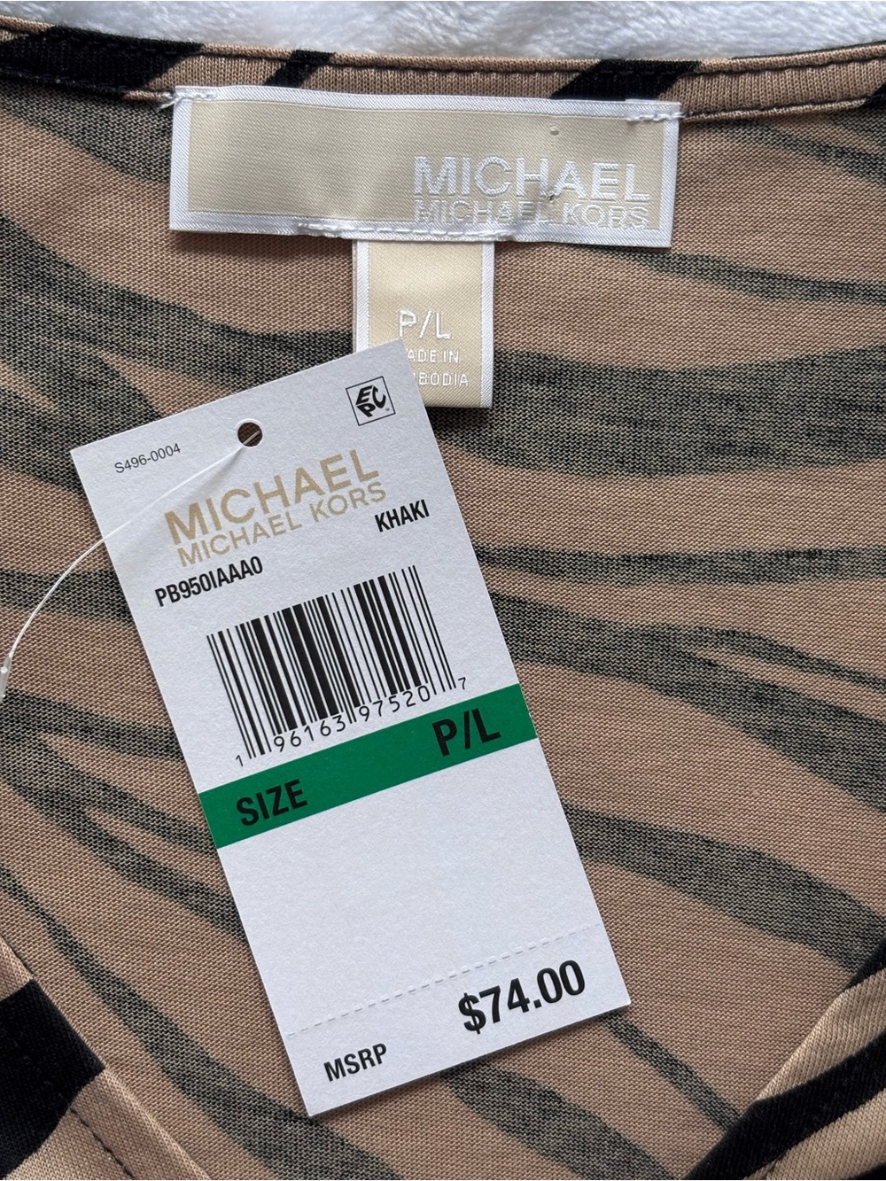 MICHAEL KORS Long Sleeve Tan & Black Zebra Print Smocked Waist Top--NWT--PL - Picture 11 of 15